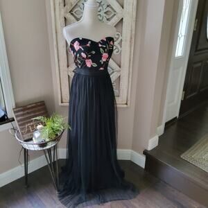 The Sang Women's Chiffon High Slit Strapless Maxi Dress in Black Floral